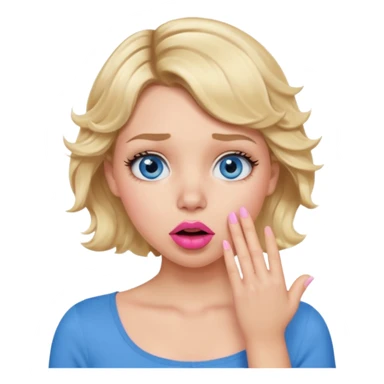 Girl Blonde short wavy hair,  blue eyes, cute blue top, long lashes, pink lips, shocked, hand over the mouth sticker