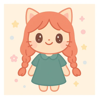 catgirl with long red hair in two braids, dark green dress, anime style, cheerful expression sticker