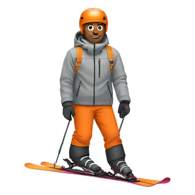 Male skier wearing gray jacket and orange pants sticker