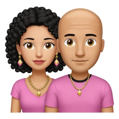 A picture if a couple. the man is a Mexican man with tanned skin, black hair, a bald hair cut, short boxed beard, and wearing a black shirt. the woman is mixed with black and white, with brown curly long hair, gold diamond earrings, a gold chain necklace and wearing a pink shirt on with big boobs sticker