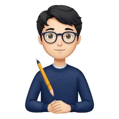 Dependable young professional man with round glasses, wavy black hair, navy blue sweater, assured posture, designer with pen sticker