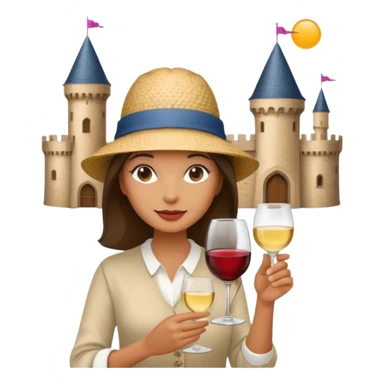 Lady on holiday in front of a castle with a glass of wind sticker