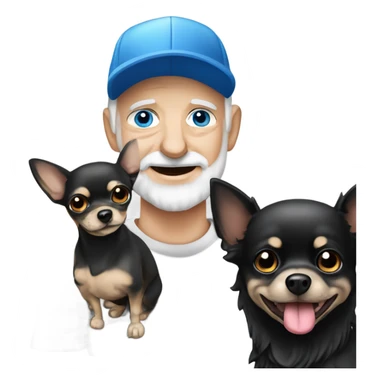 Old man blue eyes goatee beard ball cap holding cute black long fur Chihuahua sticker