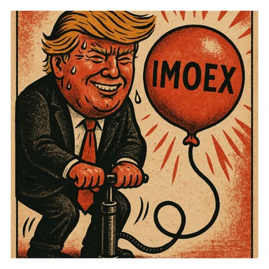 Дональд Трамп в стиле пропагандисткой карикатуры улыбается в поте лица качает через насос, который подключен к шарику, который символизирует фондовый рынок и на нём написано IMOEX sticker