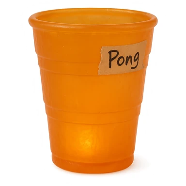 hyper-realistic, highly detailed clear-transparent orange solo plastic cup with soft, flat plastic texture reminiscent of a 90's toy, soft reflections, slightly squishy and cloudy appearance, not shiny, clear orange body glowing slightly, high-quality retro gummy look, piece of tape on the side with 'Pong' written in sharp, messy handwriting, hyper-realistic, retro, visually stunning, no background sticker