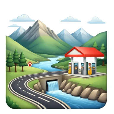 a road in a mountain with a river and a gas station sticker