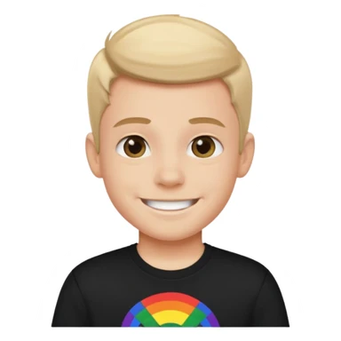 smiling boy in black shirt in a pride month shirt sticker