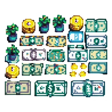 money, cash, dollar bills, coins, wealth in pixel art style sticker