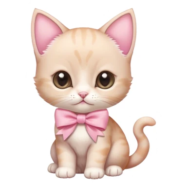 a very small beige kitten with a slightly white muzzle and a large light pink bow on the top of the head, a purebred kitten with a large head sticker