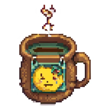 8-bit pixel art emoji, IV bag filled with brown coffee in a coffee cup connected sticker
