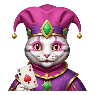 court jester cat medieval, single poker card joker clearly visible, pink, face only, round badge,  court jester cap sticker
