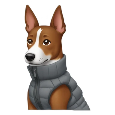Medium-dark brown colored Basenji wearing a grey puffer jacket sticker
