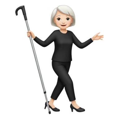old woman with cutted hair, dressed with pants,  dancing with crutches sticker