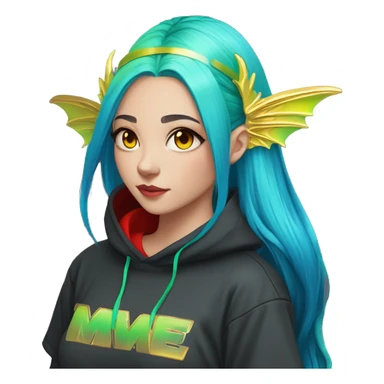 Lady with brunette and iridescent blue hair, gold, lime green dragon wings, black hoodie, oilslick holographic, black and gold Nike t shirt, and bright red eyes sticker