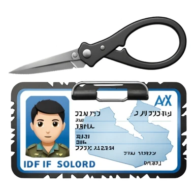 black Scissors cutting an idf soldier ID card in 2 parts .hyper realistic sticker