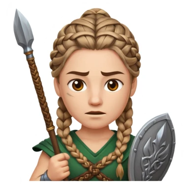 Emoji portrait of a Celtic warrior. Braided hair, fierce expression, holding a spear. sticker
