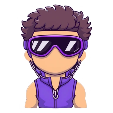 close-up of male athlete with white skin and moderately curly dark brown hair on top with shaved sides, wearing ski goggles with purple frames and very dark black lenses, a simple plain black chain necklace, and a completely unzipped sleeveless vest with purple and black sequin fire pattern design with no logo, frame centered on face and upper chest sticker