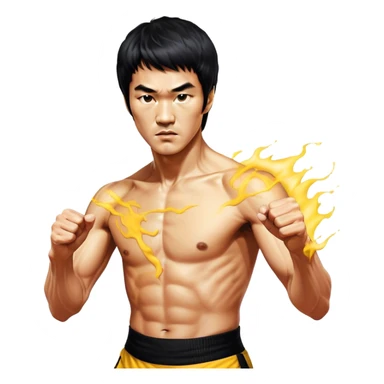 Cinematic Realistic Bruce Lee Portrait Emoji, depicted as a dynamic martial arts icon with an intense gaze and athletic physique caught in a fluid motion, rendered with vivid textures and energetic lighting that embodies his legendary prowess. sticker