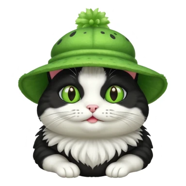 Black and white cat with a frog-shaped hat sticker