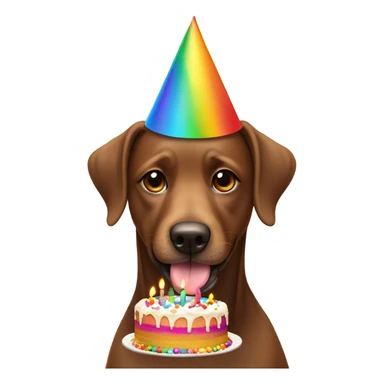 brown dog wearing rainbow party hat eating birthday cake sticker