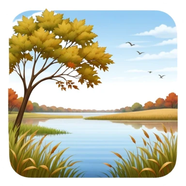 A gentle breeze flowing through a vast open field, making the tall grass and tree leaves sway gracefully. The wind creates soft ripples on a calm lake, while scattered autumn leaves dance in the air, adding a sense of motion and tranquility sticker