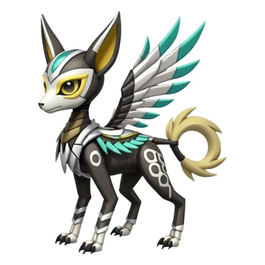 Futuristic feral quadrupedal Arrow-patterned chevron-marked Big-eyed anime-styled Colorful Shiny Tribal Skeletal masked armored Meloetta-Silvally-Solgaleo-Raikou-Pokémon-Digimon-Fakémon-fusion-hybrid-creature, full body sticker