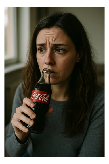 donna con ansia. Che beve coca cola. Immagini realistiche sticker