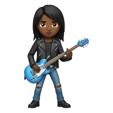 3D Apple-style emoji of a metal musician. Long hair, black leather jacket, ripped jeans, holding an electric guitar. Intense expression, glossy, rounded, smooth, soft shadows, white background.










 sticker