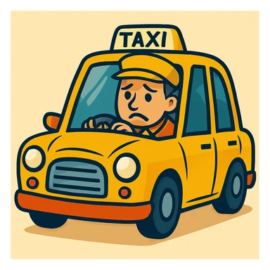 Cabbie in yellow taxi with a sad expression, vibrant cartoon style. sticker