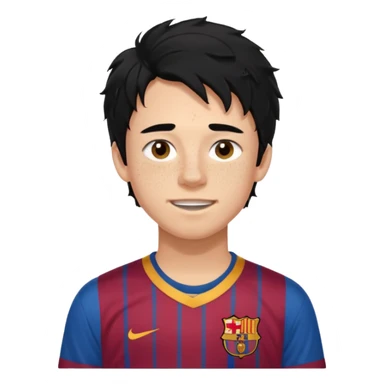 Un chico con pelo largo, desordenado y negro, tiene pecas, brackets, ojos cafés oscuros y con una camisa del Barcelona sticker