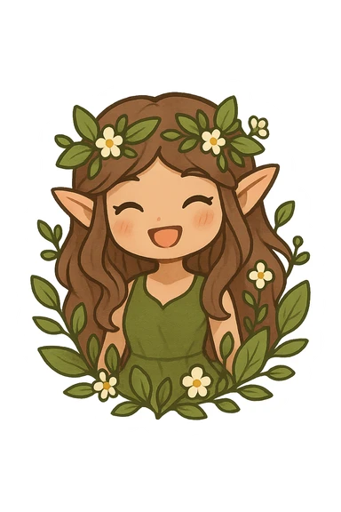 chibi forest nymph with a happy smile, surrounded by leaves and flowers, cute and whimsical sticker