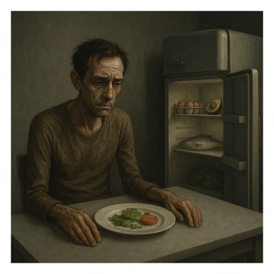 symbolic realism, cinematic lighting, muted color palette; thin, tired-looking man sitting alone at a minimalist kitchen table, plate with only a few leaves of lettuce and a slice of tomato, frustrated and weary expression, sunken eyes, low energy, cold and empty background symbolizing deprivation, closed fridge nearby with healthy but untouched foods inside (eggs, avocado, fish), expressive facial details sticker