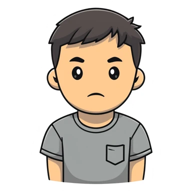 Asian man in a gray shirt with a frown sticker