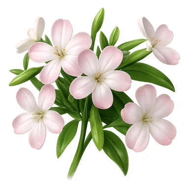 Create 3D iOS-style realistic soapwort (Saponaria) flowers with delicate pale pink petals, green stems and leaves, soft lighting, and a glossy effect. The image should have no background and reflect the GPT Image style for editing. sticker