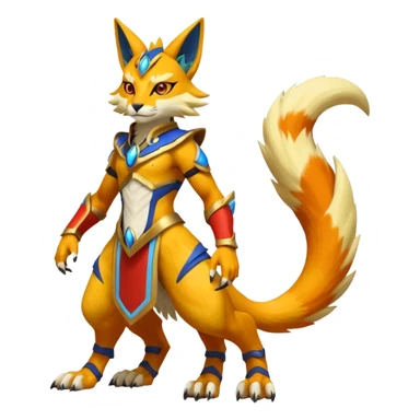 Vernid-Lombax-Koraidon-Renamon-Zeraora-Bastet-Fakémon-hybrid-fusion-creature, full body sticker