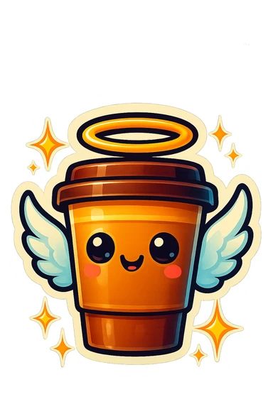 Tall coffee cup, shiney eyes, angel halo, wings, star sparkles sticker