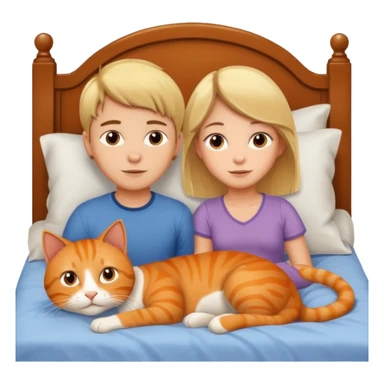 Boy with blonde girl with brown hair in a bed with an orange cat sticker