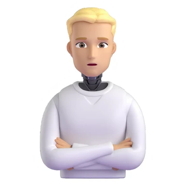 Minimalist male robot with blond hair, sharp jawline, intense eyes, white sweater, AI assistant sticker