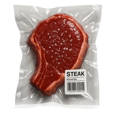 steak with small crystals on top, glossy and puffy, vacuum-sealed style sticker