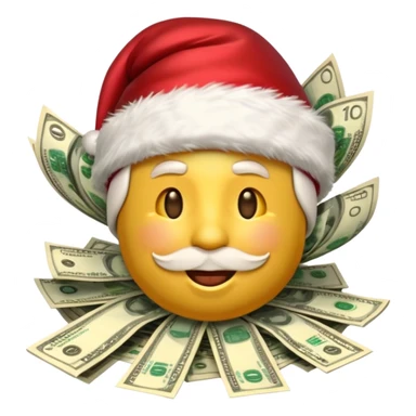 A rich happy emoji face in Santa hat, covered in money, cash stacks and flying dollar bills, Christmas mood, New Year festive style, glossy 3D emoji, vibrant colors, high detail, no text, isolated, transparent background sticker