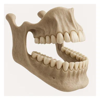 A detailed 3D model of a human jawbone, focusing on the teeth in a scientific style. sticker
