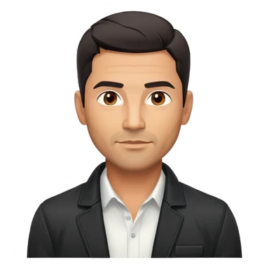Handsome athletic Hispanic man in his late 40s with tan complexion, short black hair with defined fade haircut, light stubble/scruff on face, square masculine face with defined jawline, neutral-friendly TV presenter expression, open black jacket with white shirt sticker
