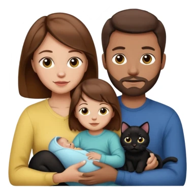1 mom brown hair, 1 dad no beard, 1 baby and 1 black cat sticker