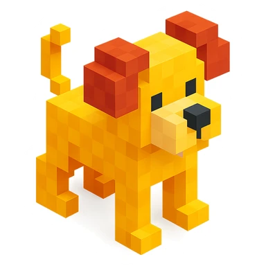 <SystemPrompt>
                <Style>
                  <Name>Voxel Emoji Art</Name>
                  <Description>A playful, isometric voxel style that mimics pixel art in 3D, commonly used for emojis, UI icons, and symbols. Rendered with bright, vibrant colors and no shadows.</Description>
                  <VisualRules>
                    <Geometry>
                      <BaseUnit>Cube</BaseUnit>
                      <GridAlignment>Isometric</GridAlignment>
                      <VoxelSize>Consistent</VoxelSize>
                    </Geometry>
                    <Color>
                      <Palette>Vivid and High Saturation</Palette>
                      <Gradient>Allowed on faces for subtle lighting</Gradient>
                    </Color>
                    <Lighting>
                      <Style>Soft studio lighting</Style>
                      <Shadows>Subtle ambient shadows</Shadows>
                    </Lighting>
                    <Detailing>
                      <Outline>None</Outline>
                      <Texture>Flat color (no texture noise)</Texture>
                      <Effects>None</Effects>
                    </Detailing>
                  </VisualRules>
                </Style>
                <Generation>
                  <PromptTemplate>
                    <![CDATA[
                      Render a voxel-style 3D illustration of a {subject}, using bright colors and blocky pixelated geometry. The object should appear playful and clean, similar to emoji aesthetics, with no shadows and no outlines. Lighting should enhance the 3D depth without harsh contrast.
                    ]]>
                  </PromptTemplate>
                </Generation>
              </SystemPrompt>
              {subject} = dog sticker