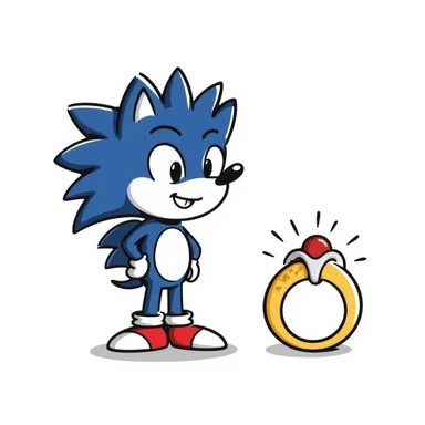 Add a hand-drawn gold ring next to Sonic, keeping the playful doodle style with sketchy lines and simple shading. sticker