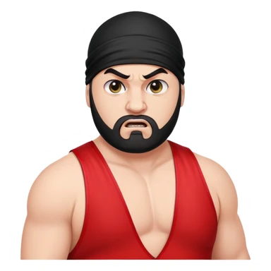 White skin fat guy with prominent black durag, shaved beard stubble, black eyes in a red and black wrestling singlet with angry face sticker