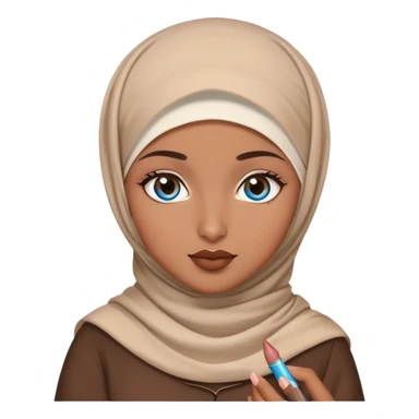 Turkish beautiful finish Konya girl blue eyes with brown beige hijab islamic dress and had on her hand brown lipgloss sticker