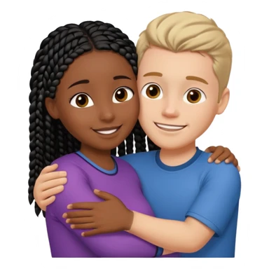 Dark black girl with black braids and tan white boy with curvy straight brown hair, they are hugging and smiling, and touching each other with their hands sticker
