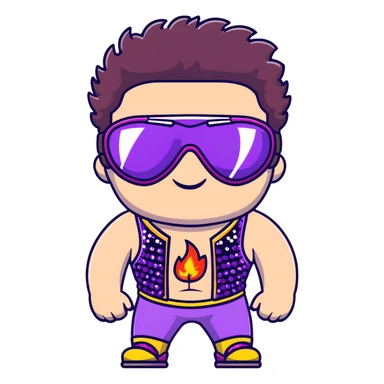 close-up of cool guy male athlete with white skin and moderately curly dark brown hair on top with shaved sides, with one purple ski goggle lens pushed up above his eyes on his forehead, sticking his tongue out of his mouth, wearing only a plain black chain necklace around his neck, and a completely unzipped sleeveless vest with purple and black sequin fire pattern design with no logo, clearly showing he is shirtless underneath with exposed chest and abs sticker