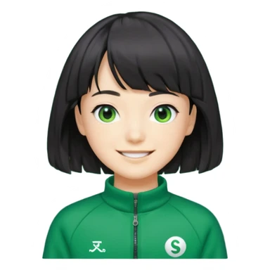 Sae-byeok from Squid Game, wavy black bob haircut with fringe, green tracksuit, 067 on chest, emoji style sticker